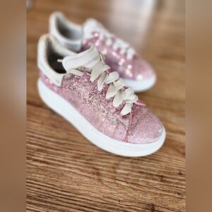Size 1.5-2 ALEXANDER McQUEEN Girl's Platform White Pink Glitter Sneakers